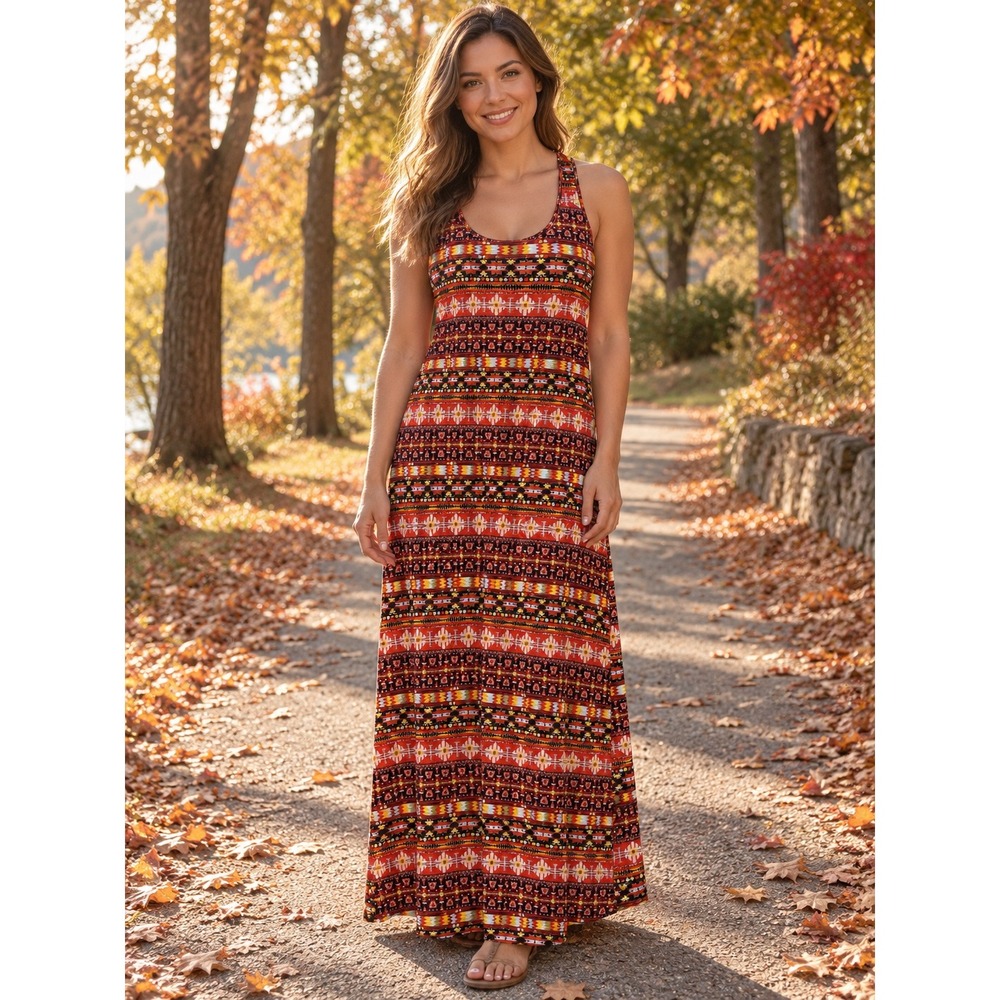 J&K Red Orange Southwestern Geometric Racerback Maxi Dress Large MG1467